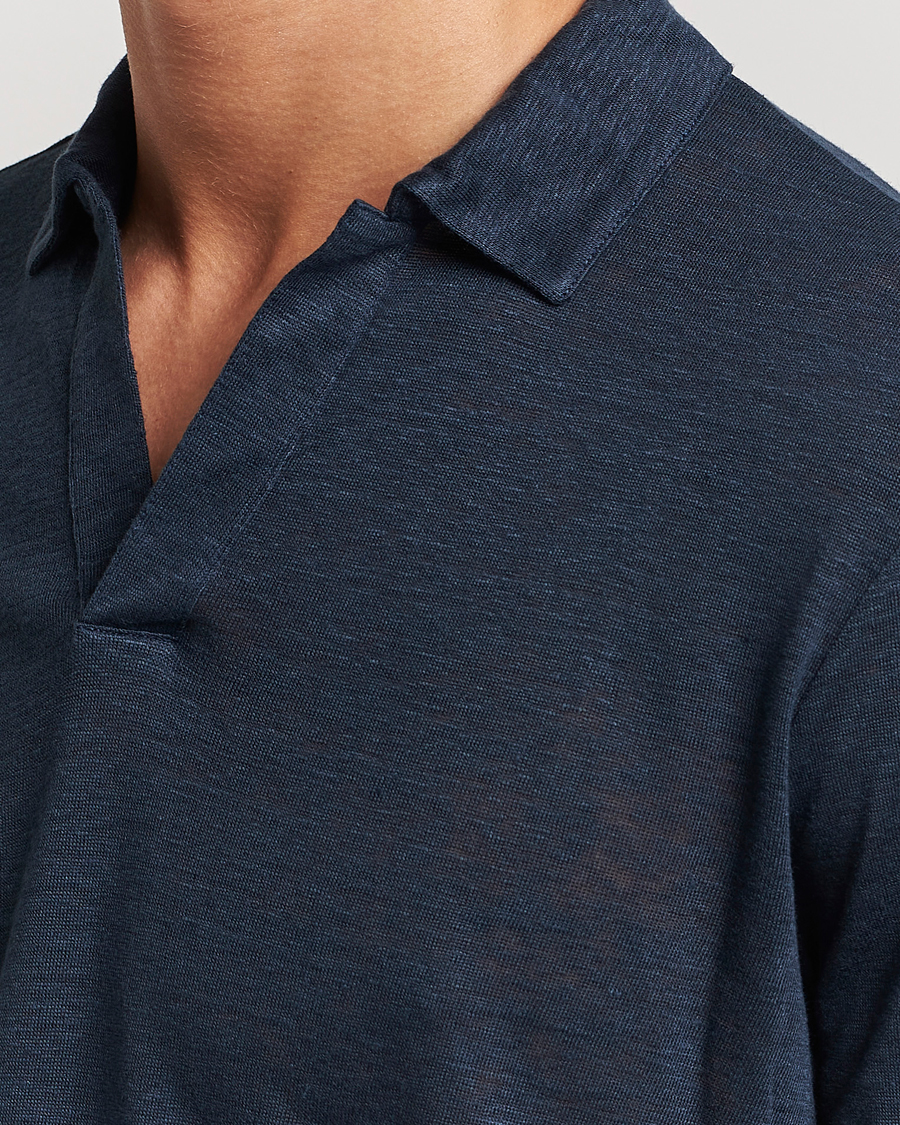 Homme | Polos | Gran Sasso | Washed Linen Long Sleeve Polo Navy Melange