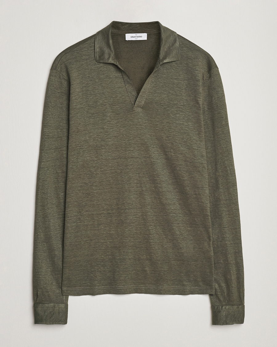 Homme | Pulls Et Tricots | Gran Sasso | Washed Linen Long Sleeve Polo Dark Green