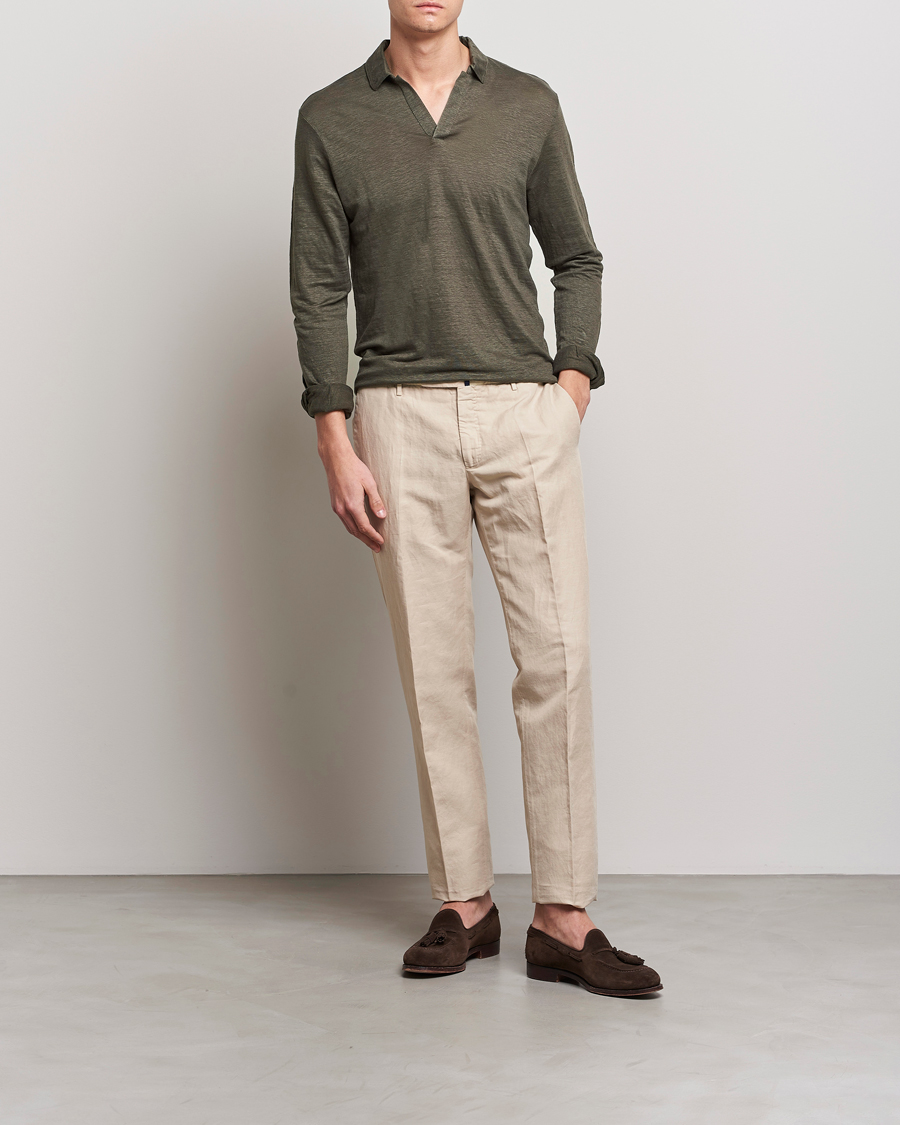 Homme | Pulls Et Tricots | Gran Sasso | Washed Linen Long Sleeve Polo Dark Green