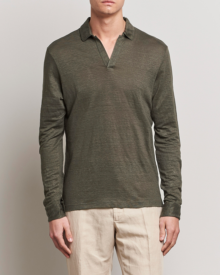 Homme | Pulls Et Tricots | Gran Sasso | Washed Linen Long Sleeve Polo Dark Green