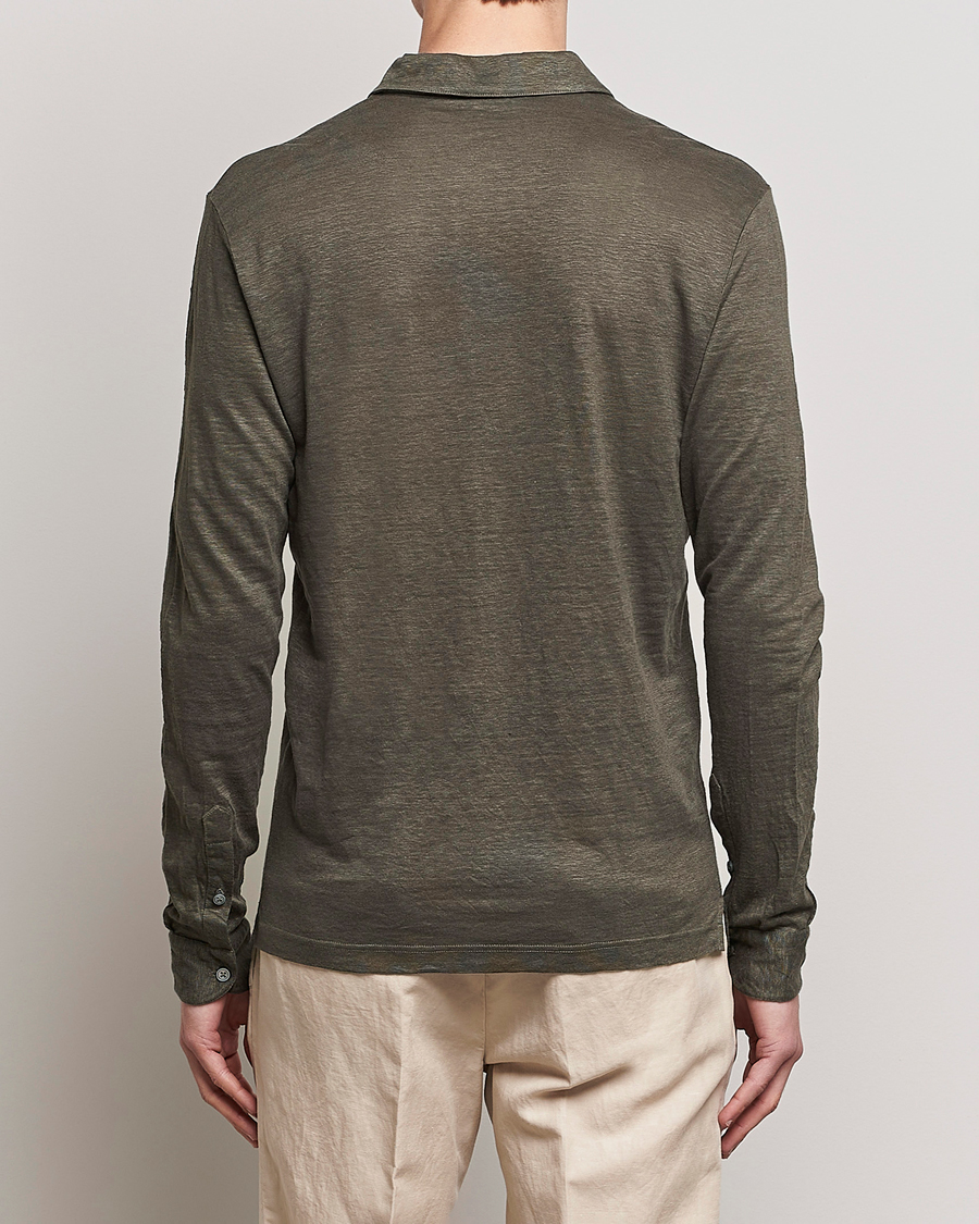 Homme | Pulls Et Tricots | Gran Sasso | Washed Linen Long Sleeve Polo Dark Green