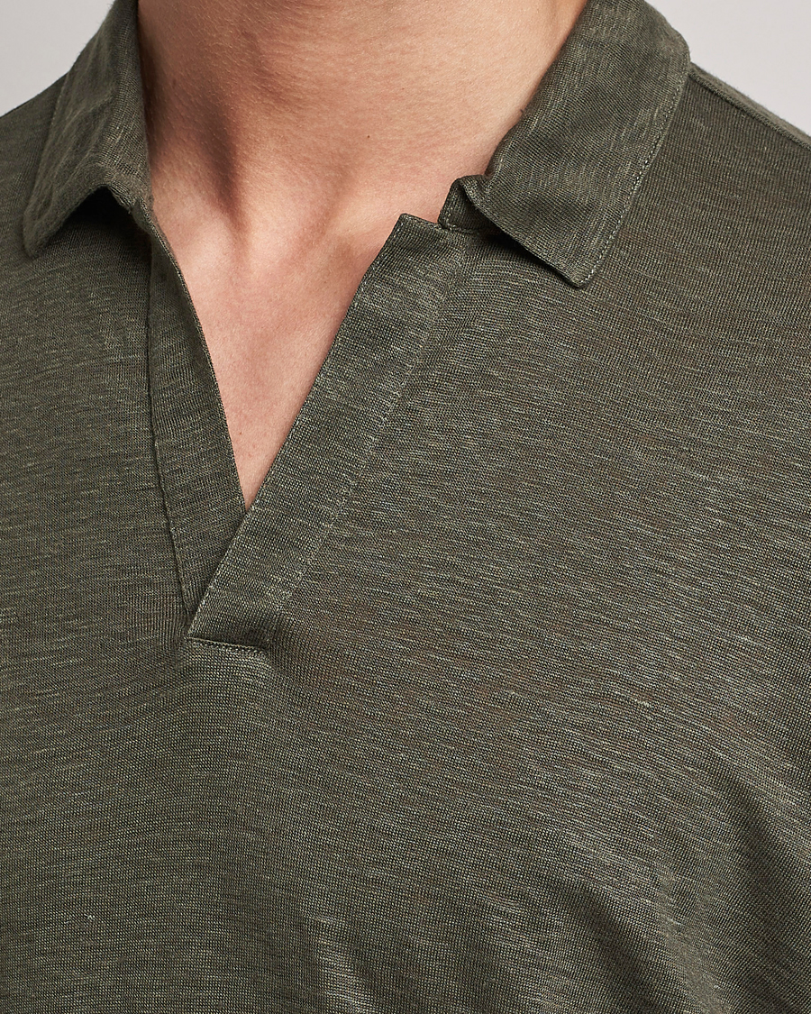 Homme | Pulls Et Tricots | Gran Sasso | Washed Linen Long Sleeve Polo Dark Green