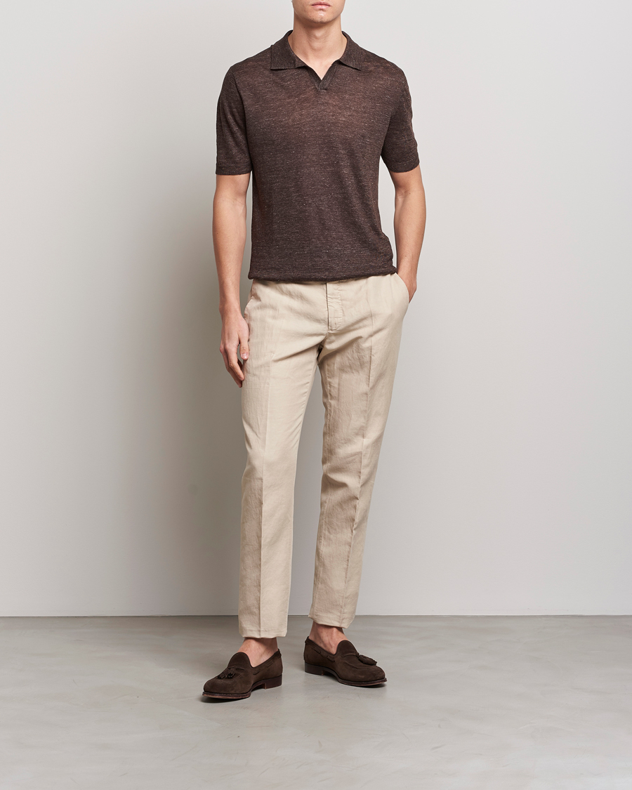 Homme | Polos | Gran Sasso | Knitted Linen Polo Dark Brown