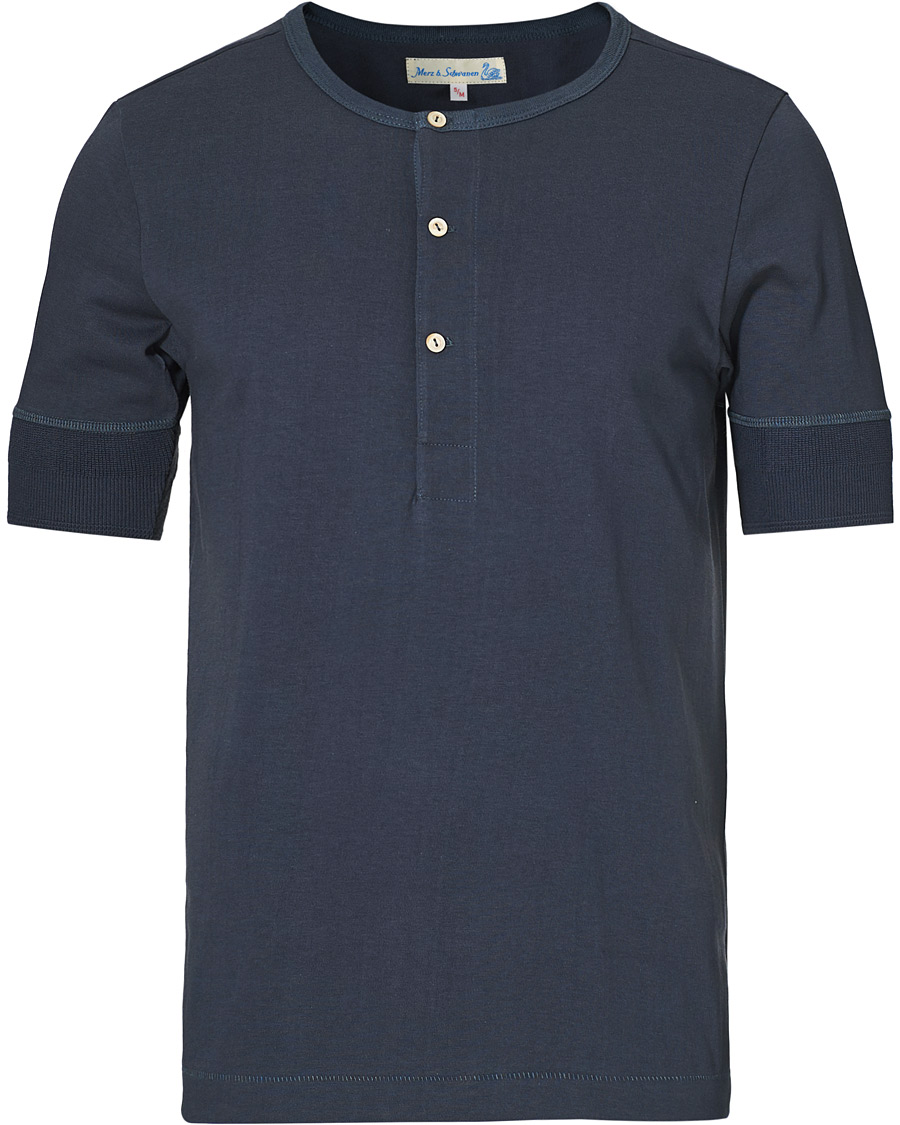 Homme | T-shirts | Merz b. Schwanen | Short Sleeve Organic Cotton Henley Navy