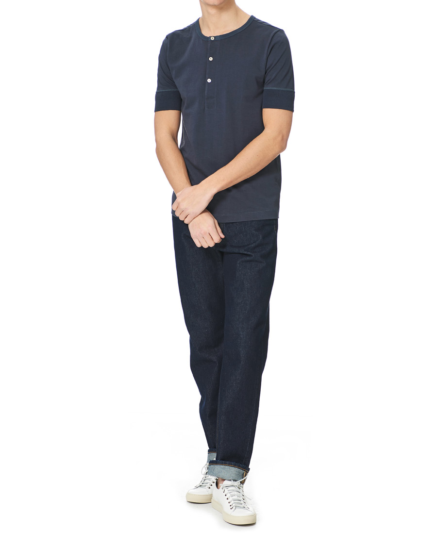 Homme | T-shirts | Merz b. Schwanen | Short Sleeve Organic Cotton Henley Navy