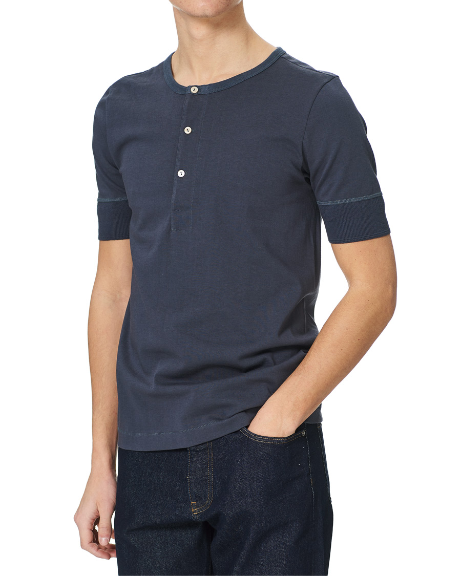 Homme | T-shirts | Merz b. Schwanen | Short Sleeve Organic Cotton Henley Navy