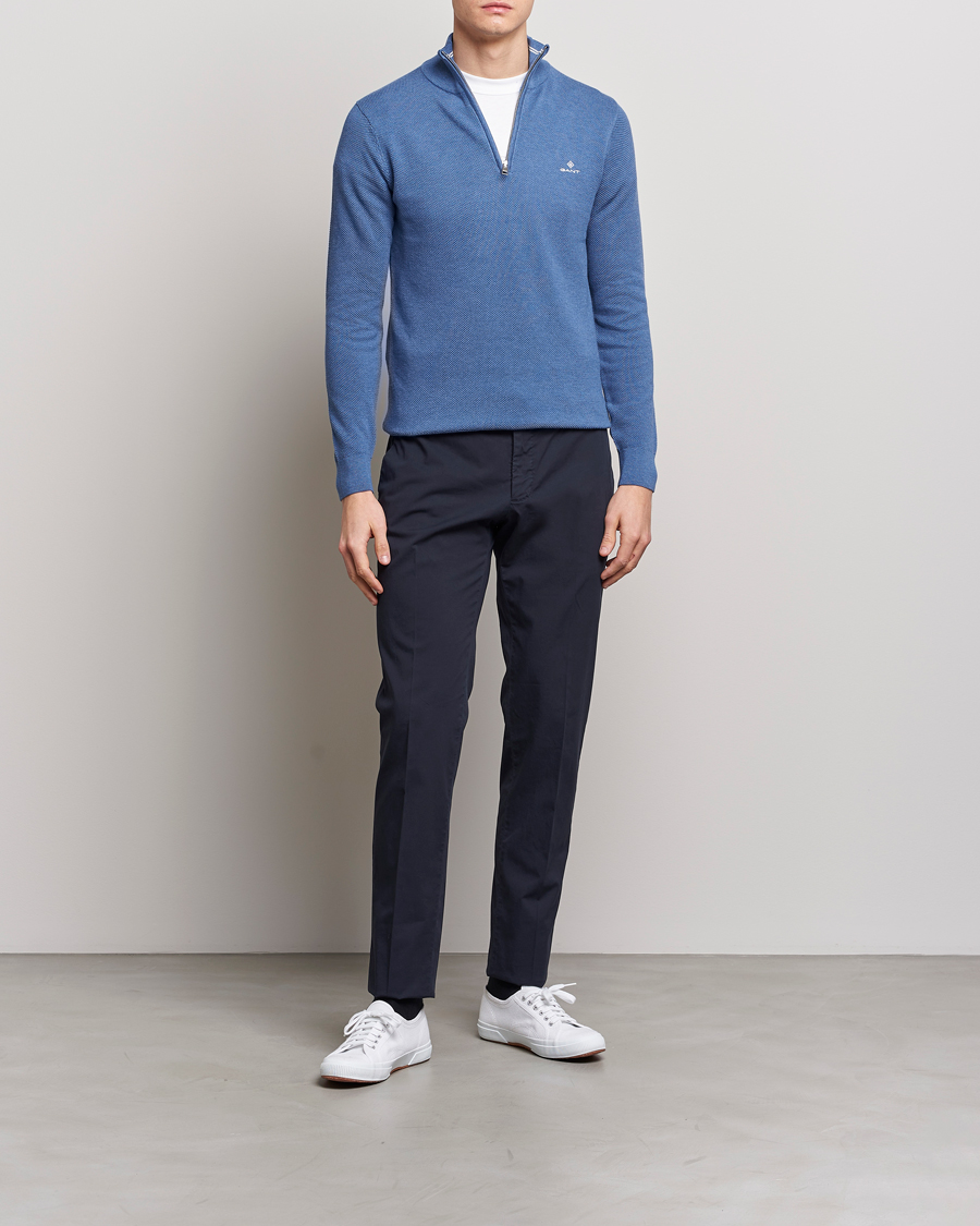 Homme | Pulls Et Tricots | GANT | Cotton Pique Half-Zip Sweater Denim Blue Melange