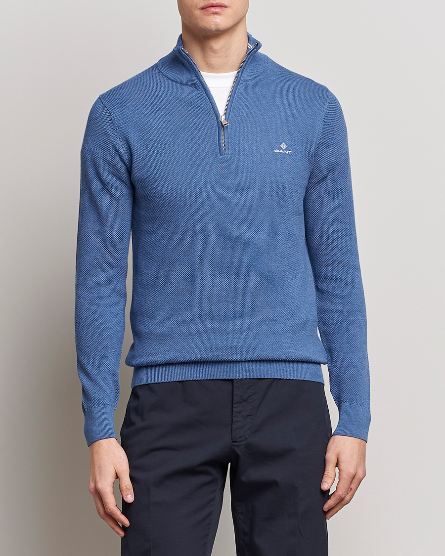 Homme | Pulls Et Tricots | GANT | Cotton Pique Half-Zip Sweater Denim Blue Melange