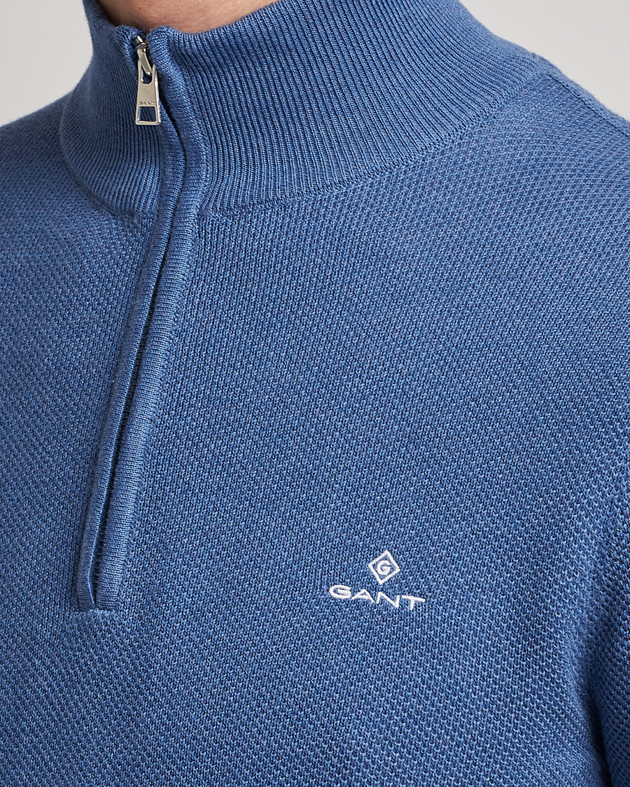 Homme | Pulls Et Tricots | GANT | Cotton Pique Half-Zip Sweater Denim Blue Melange