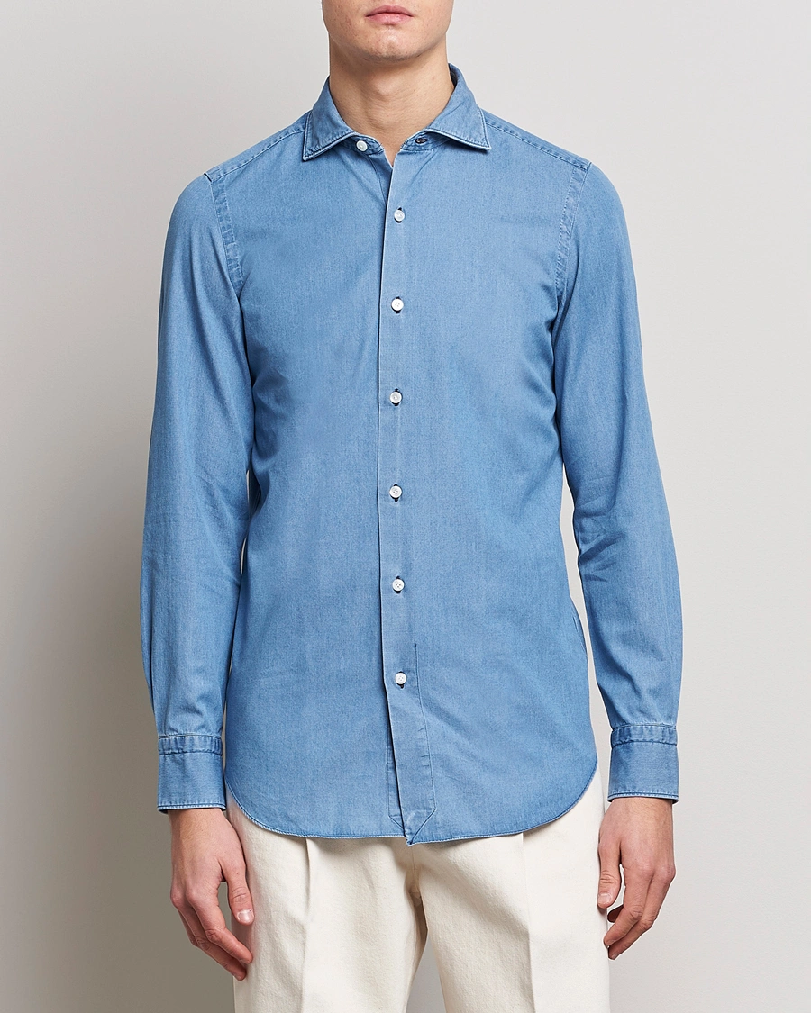 Homme | Chemises En Denim | Finamore Napoli | Milano Slim Denim Shirt Light Indigo