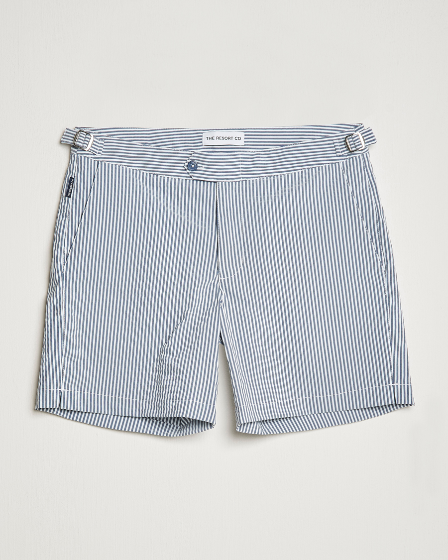 Homme | Maillots De Bain | The Resort Co | Tailored Swim Shorts Navy Stripe Seersucker