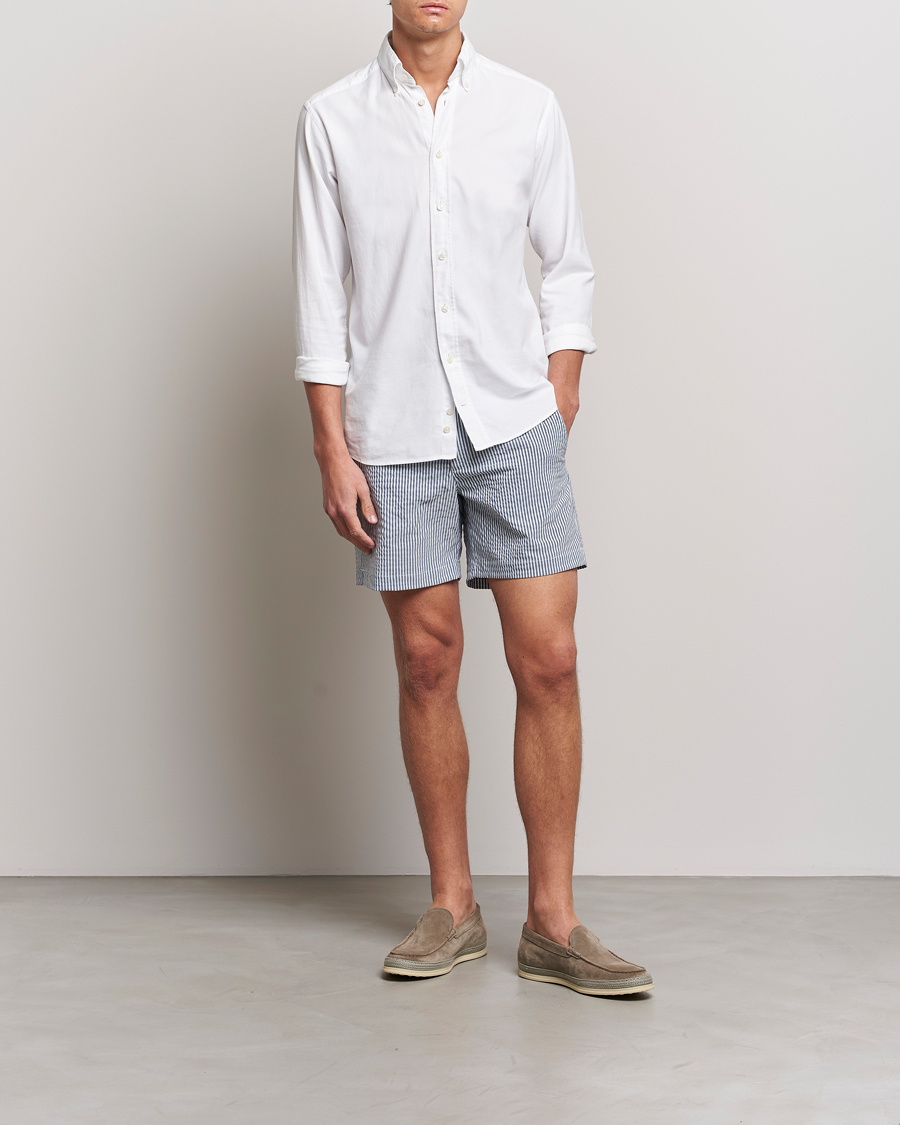 Homme | Maillots De Bain | The Resort Co | Tailored Swim Shorts Navy Stripe Seersucker