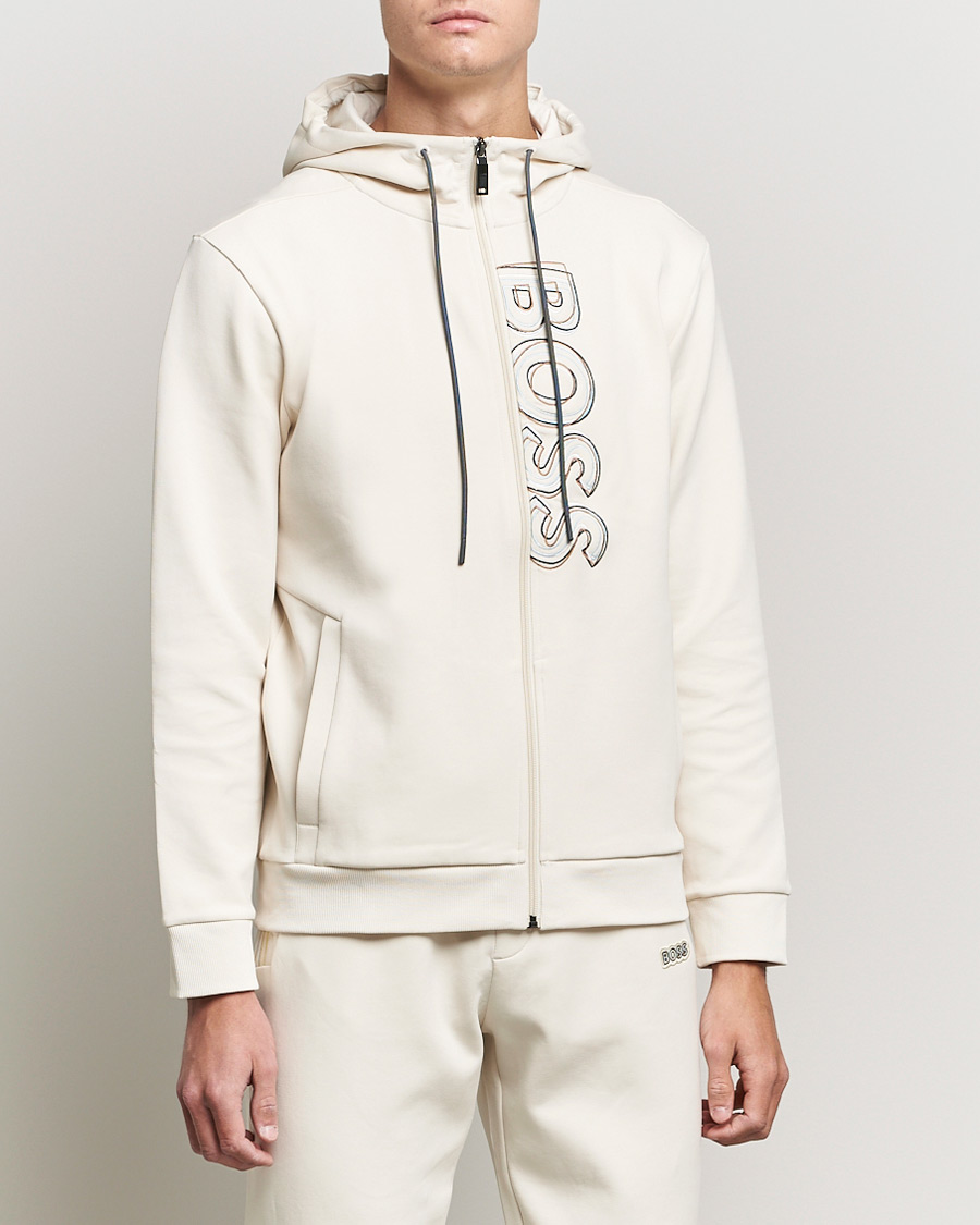 Homme | Pulls Et Tricots | BOSS GREEN | BOSS Athleisure Saggy Logo Full Zip Hoodie Open White