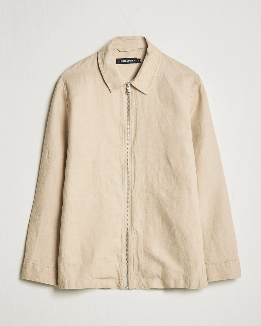 Homme | Chemises | J.Lindeberg | Jason Zip Linen Shirt Jacket Safari Beige