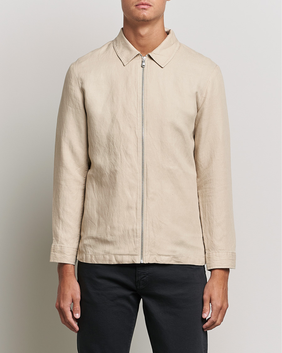 Homme | Chemises | J.Lindeberg | Jason Zip Linen Shirt Jacket Safari Beige