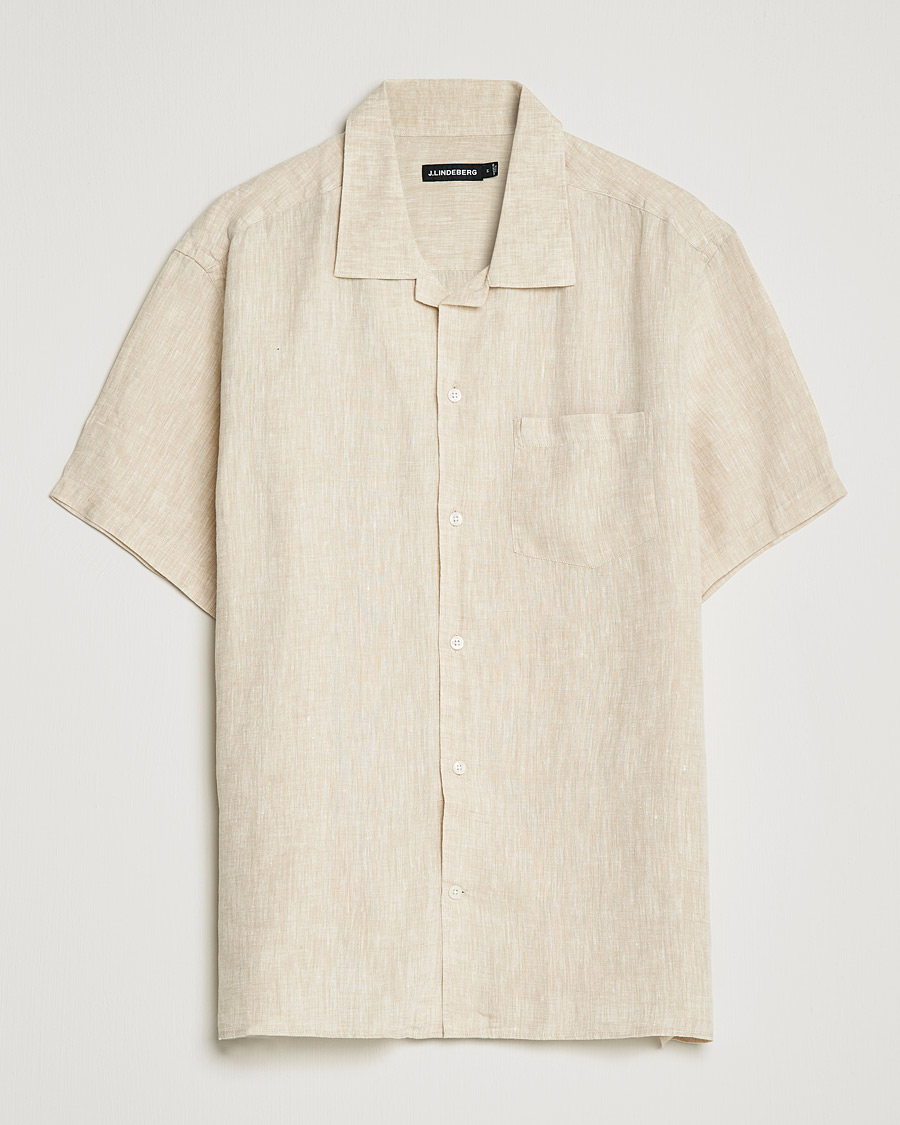 Homme | Chemises | J.Lindeberg | Linen Melange Short Sleeve Shirt Safari Beige