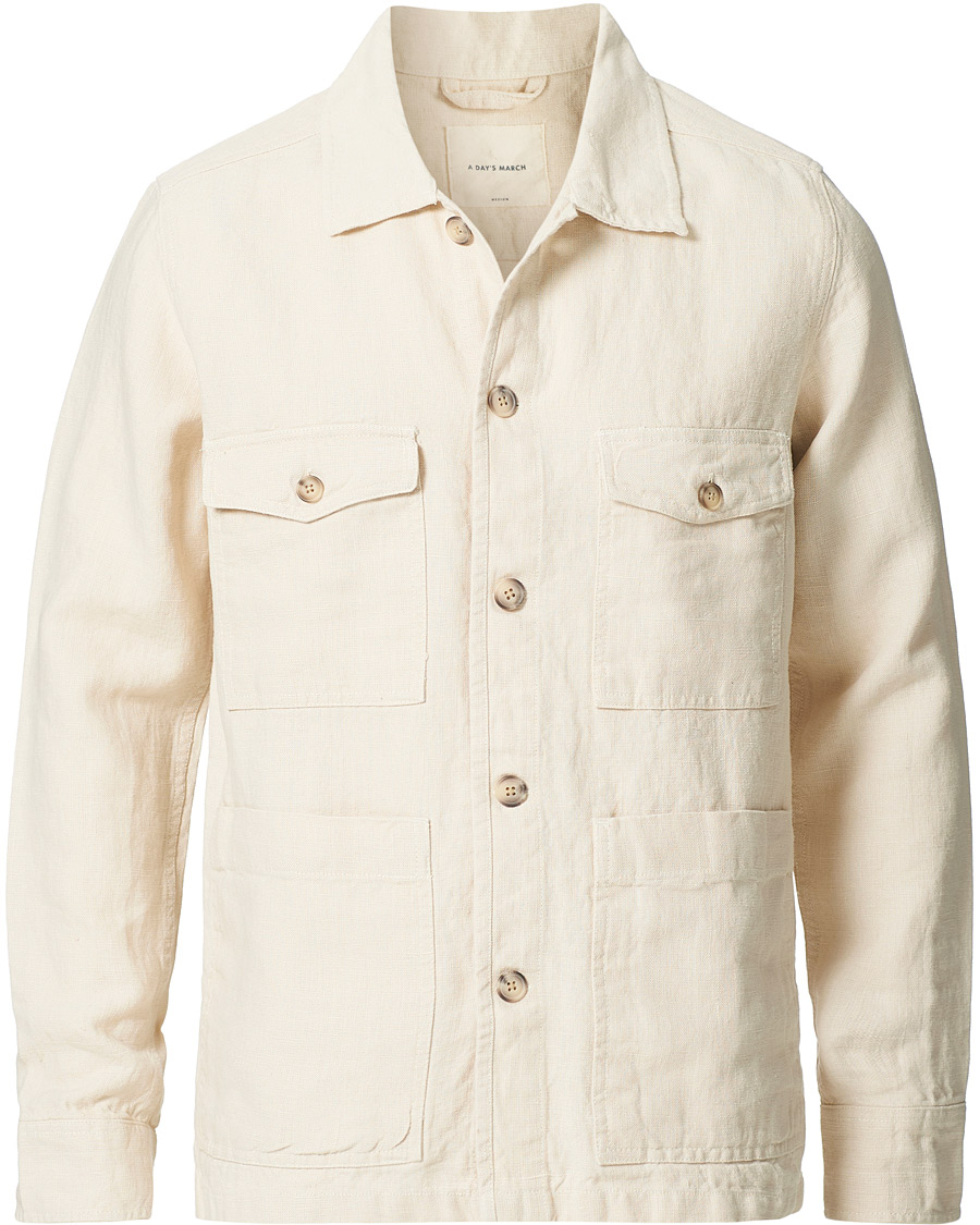 Homme | Chemises | A Day's March | Heavy Linen Patch Pocket Overshirt Oyster