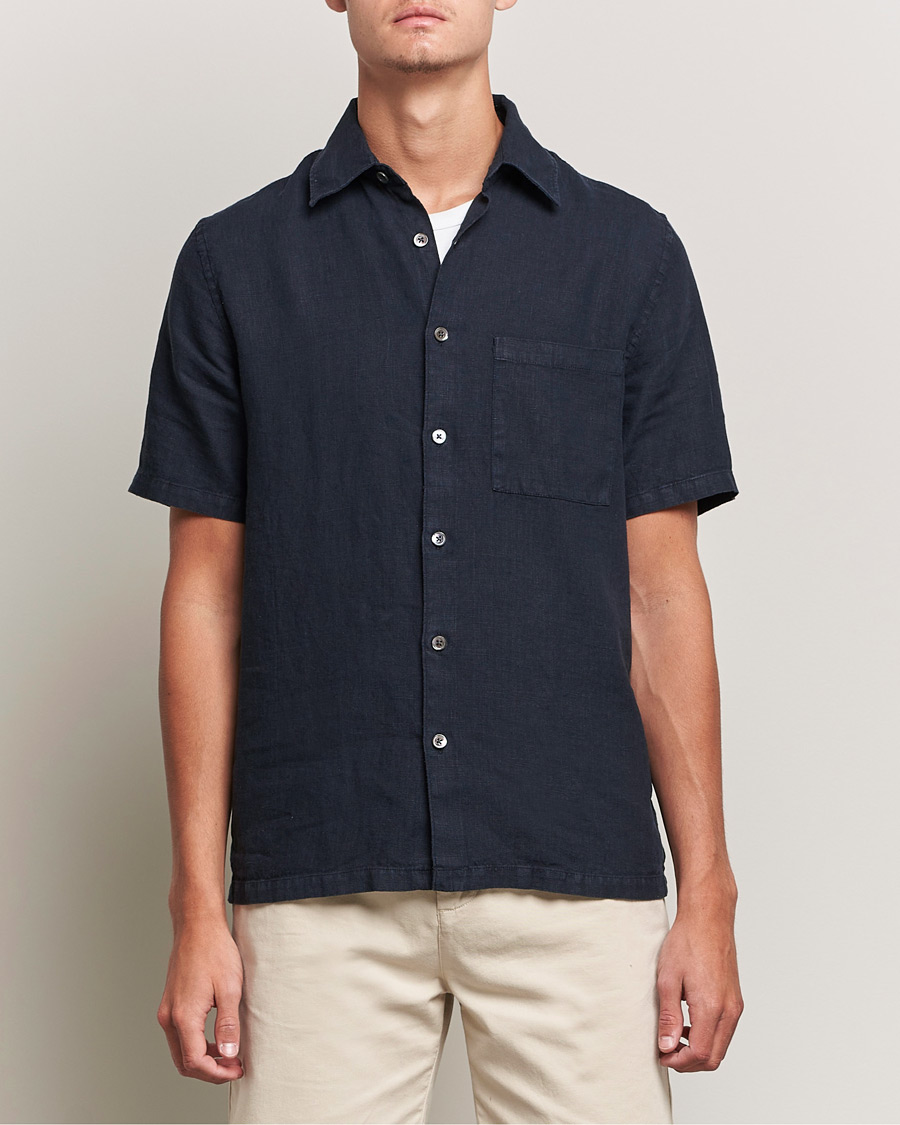 Homme | Chemises | A Day's March | Khito Short Sleeve Linen Shirt Dark Navy