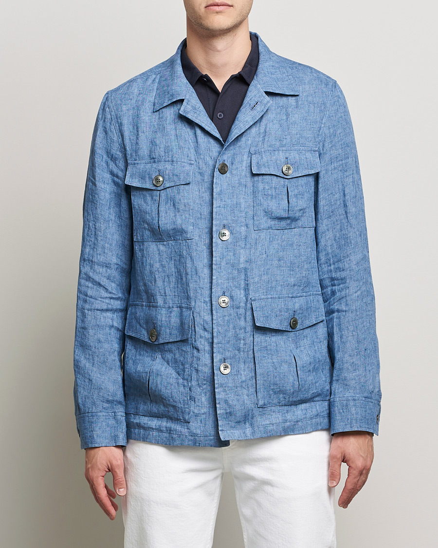 Homme | Chemises | Oscar Jacobson | Safari Linen Shirt Jacket Smog Blue