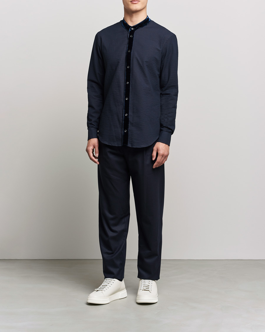 Homme | Chemises | Giorgio Armani | Seersucker Velvet Guru Collar Shirt Navy