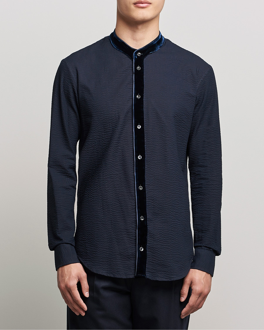 Homme | Chemises | Giorgio Armani | Seersucker Velvet Guru Collar Shirt Navy
