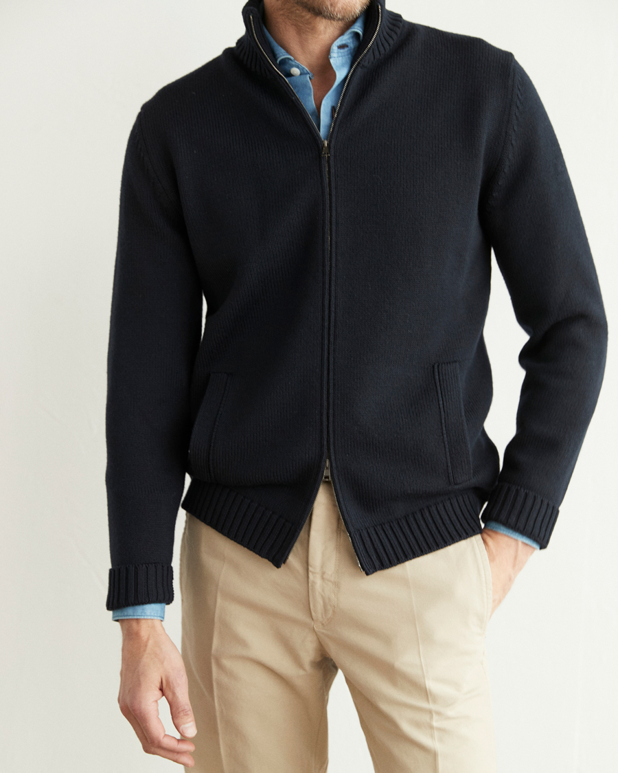 Homme | Pulls Et Tricots | Zanone | Virgin Merino Wool Zip Cardigan Navy
