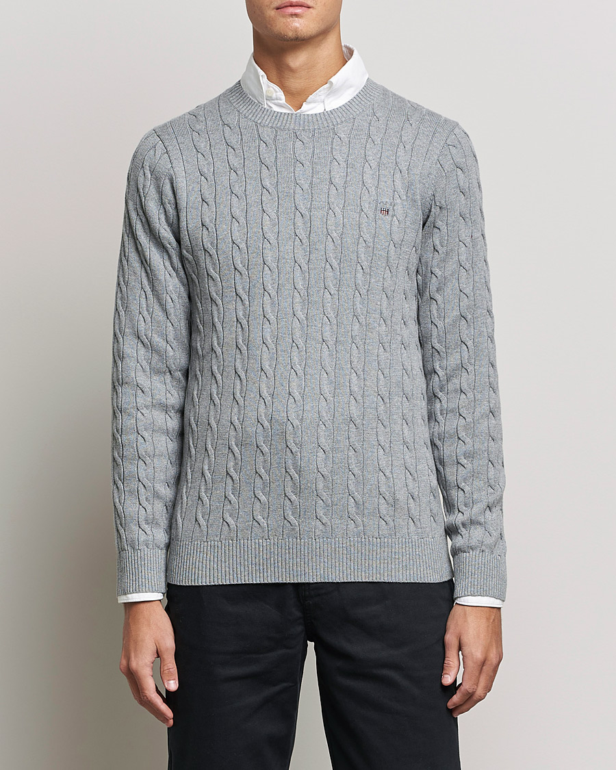 Homme | Pulls Et Tricots | GANT | Cotton Cable Crew Neck Pullover Grey Melange