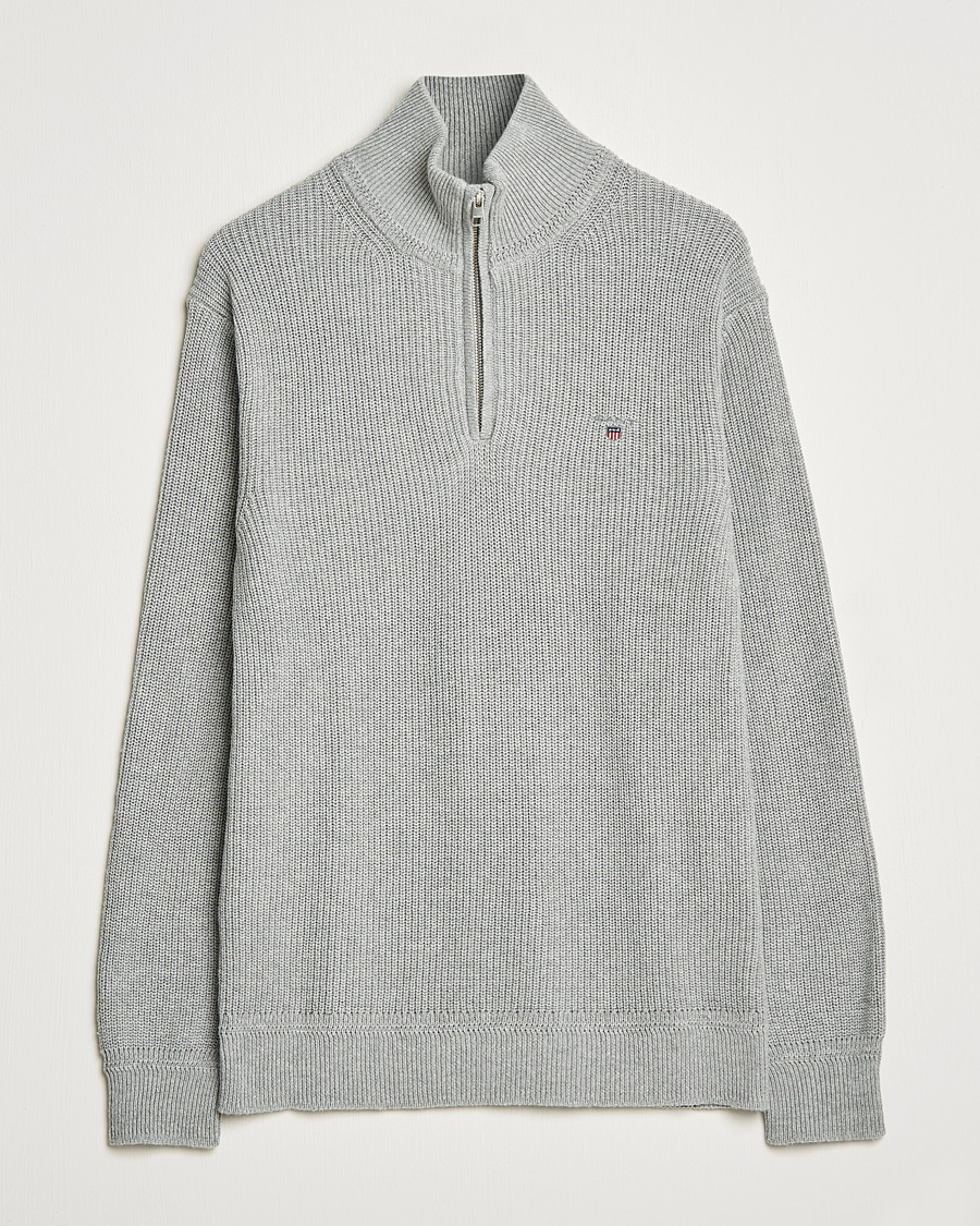Homme | Pulls Et Tricots | GANT | Cotton/Wool Ribbed Half Zip Sweater Grey Melange