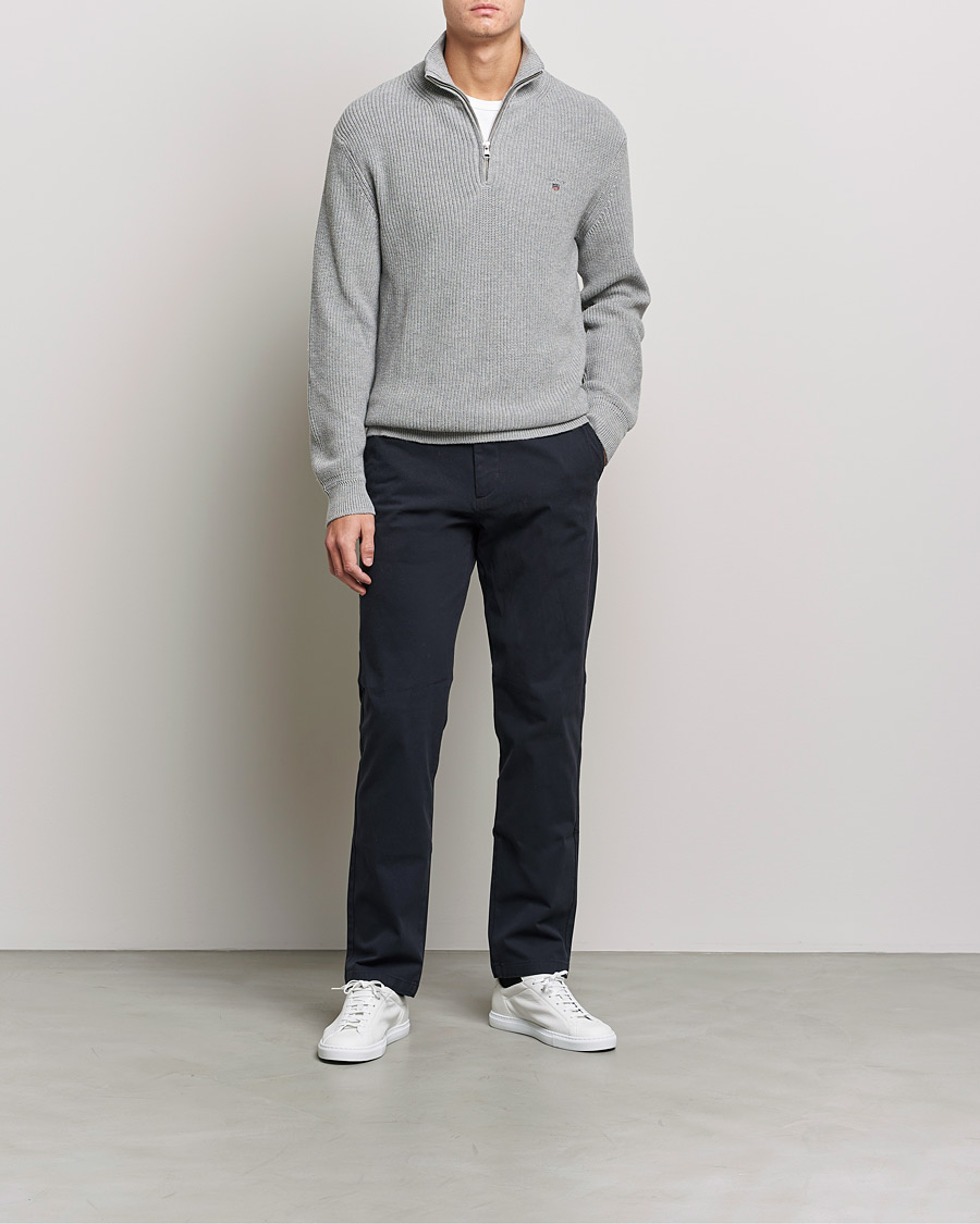 Homme | Pulls Et Tricots | GANT | Cotton/Wool Ribbed Half Zip Sweater Grey Melange