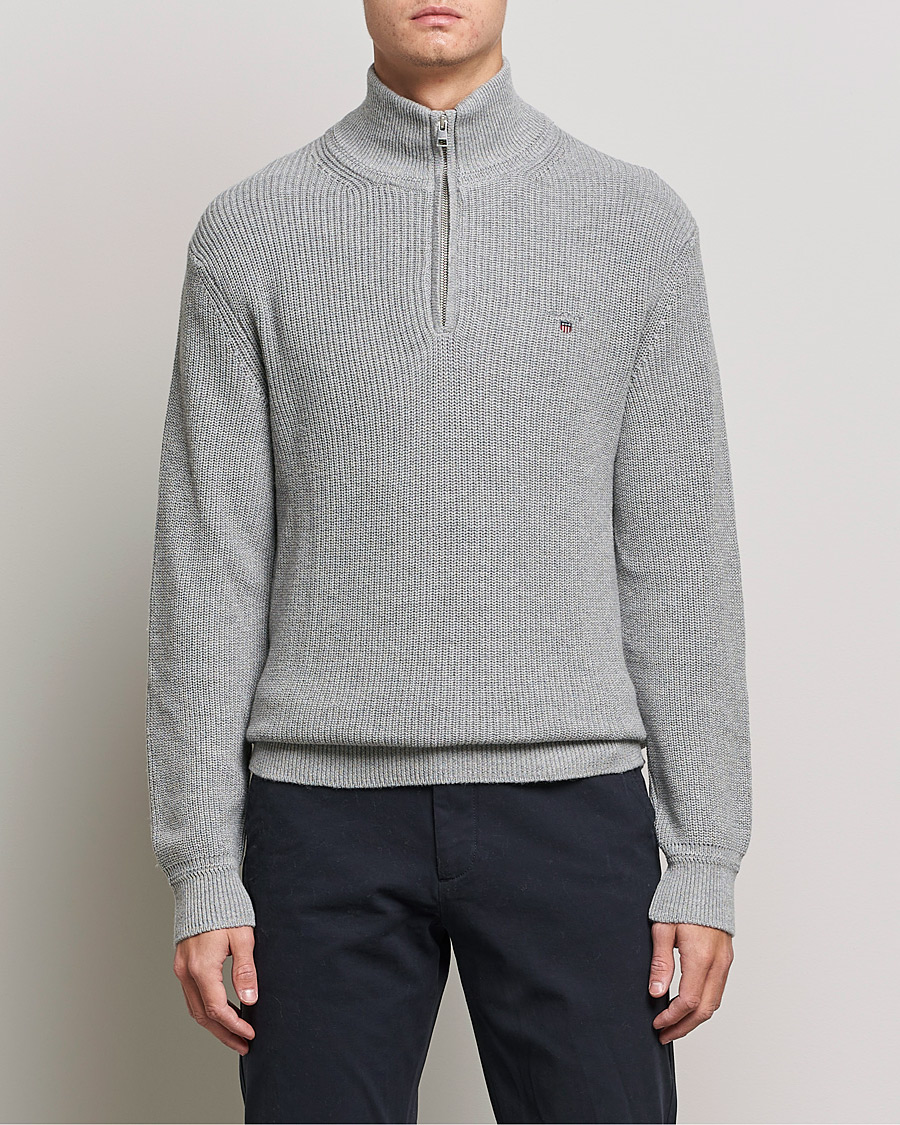 Homme | Pulls Et Tricots | GANT | Cotton/Wool Ribbed Half Zip Sweater Grey Melange