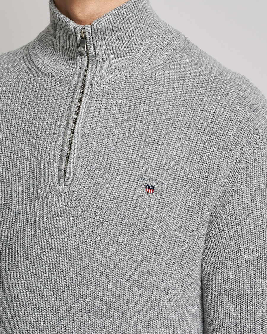 Homme | Pulls Et Tricots | GANT | Cotton/Wool Ribbed Half Zip Sweater Grey Melange