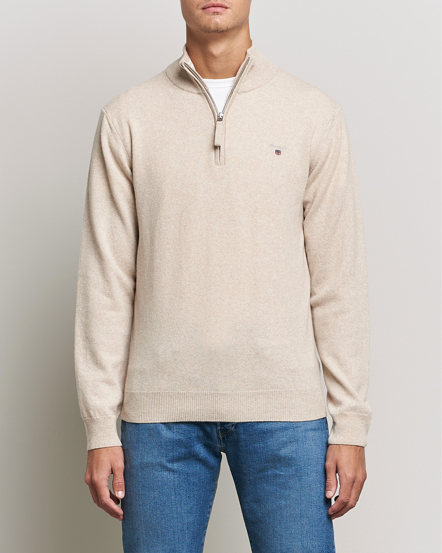 Homme | Pulls Et Tricots | GANT | Lambswool Half Zip Dark Sand Melange