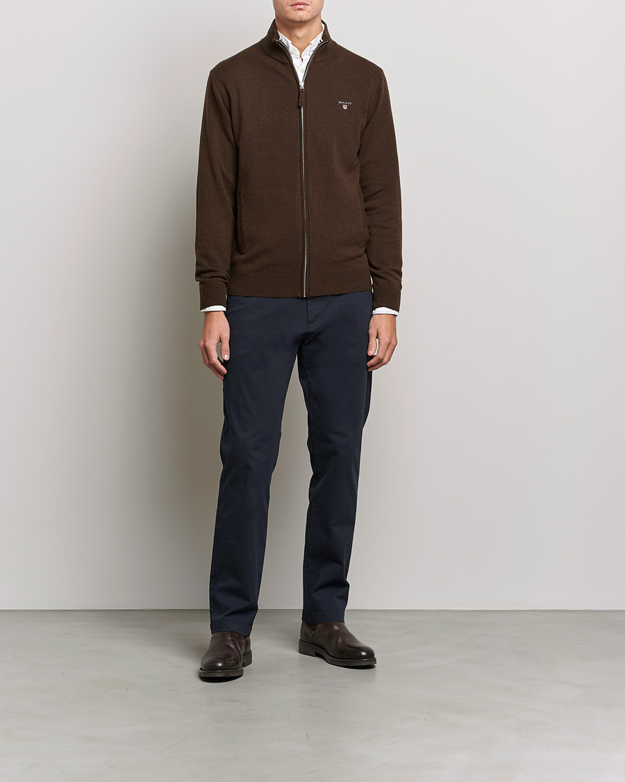 Homme | Pulls Et Tricots | GANT | Lambswool Full Zip Dark Brown Melange