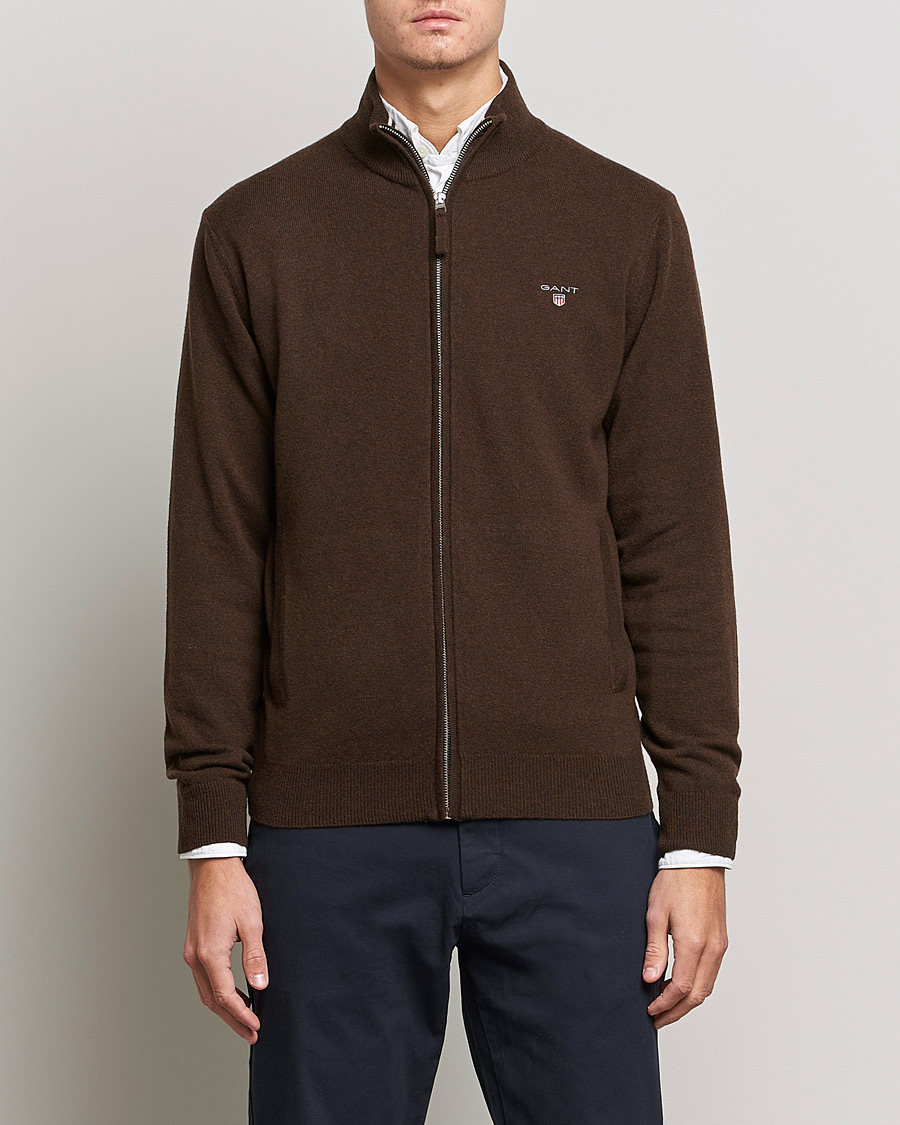 Homme | Pulls Et Tricots | GANT | Lambswool Full Zip Dark Brown Melange