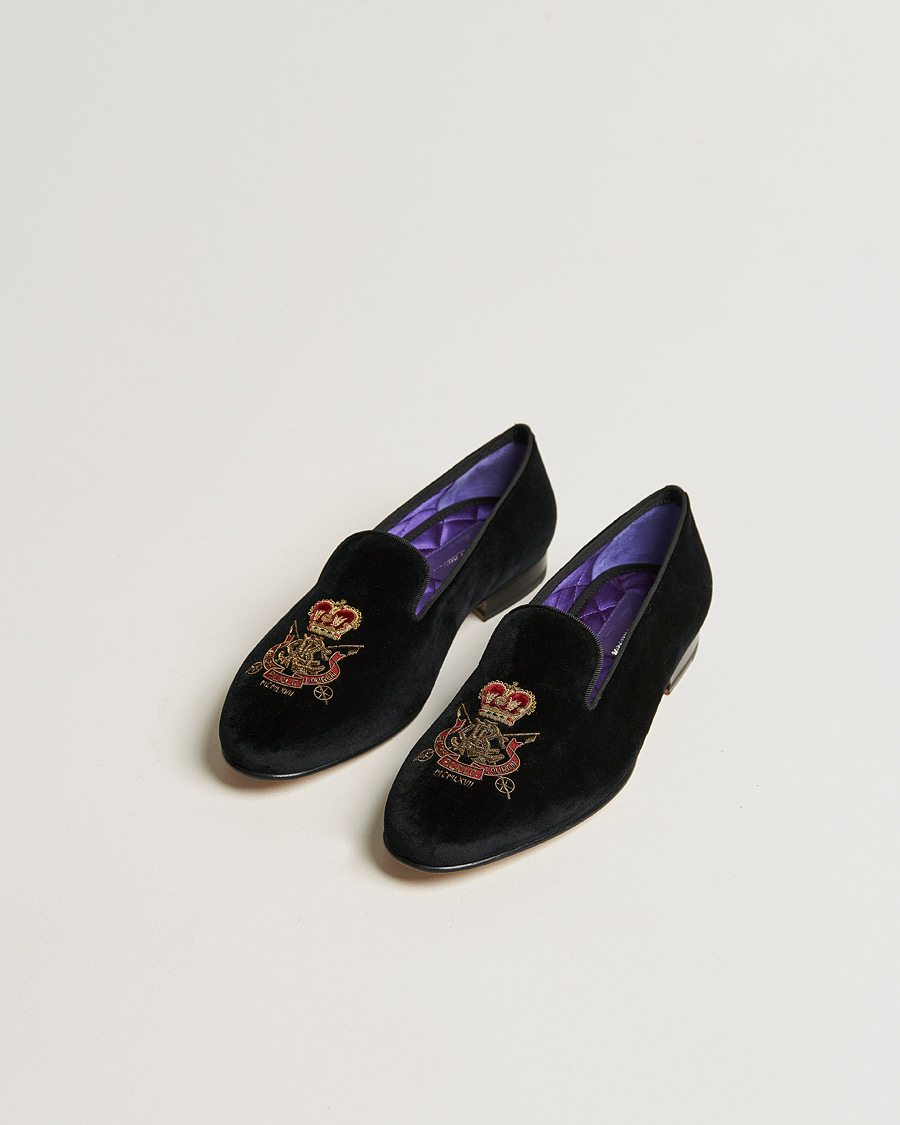 Homme | Ralph Lauren Purple Label Velvet Embroidered Slippers Black | Ralph Lauren Purple Label | Velvet Embroidered Slippers Black