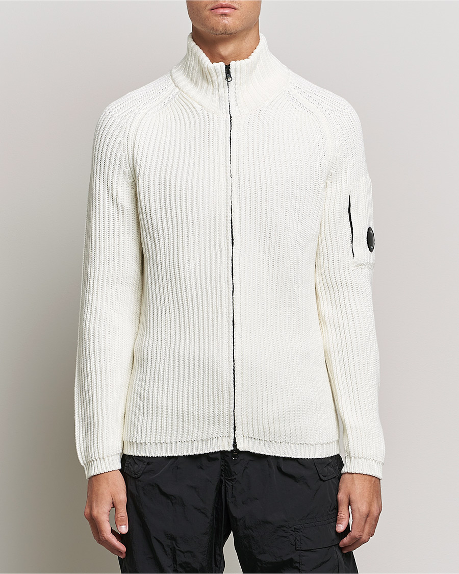 Homme | Pulls Et Tricots | C.P. Company | Merino Wool Full Zip Lens Cardigan White