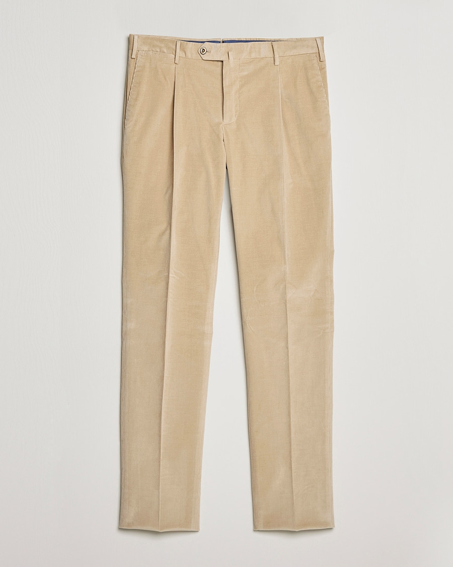 Homme | Pantalons | PT01 | Slim Fit Pleated Corduroy Trousers Light Beige