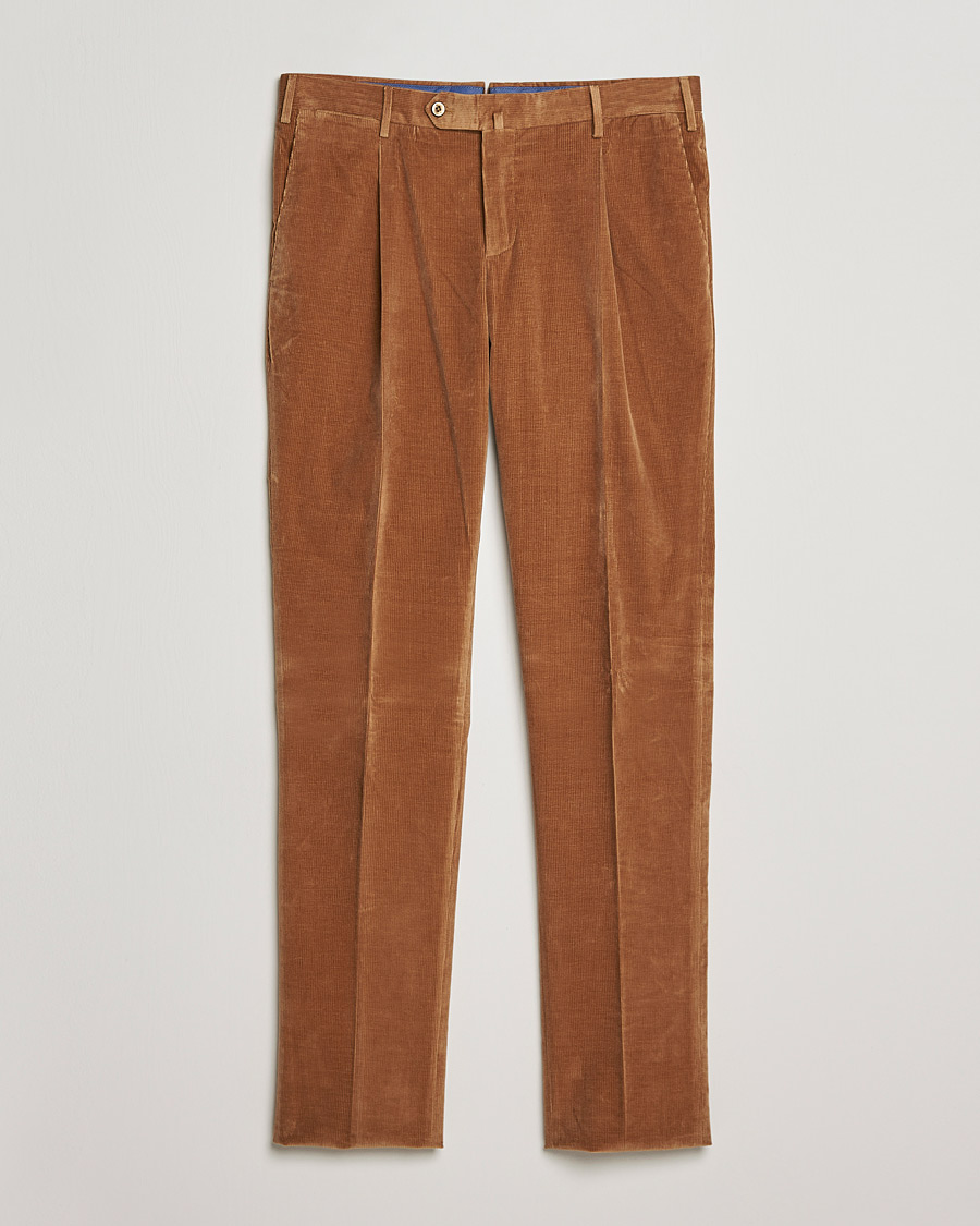 Homme | Pantalons | PT01 | Slim Fit Pleated Corduroy Trousers Caramel