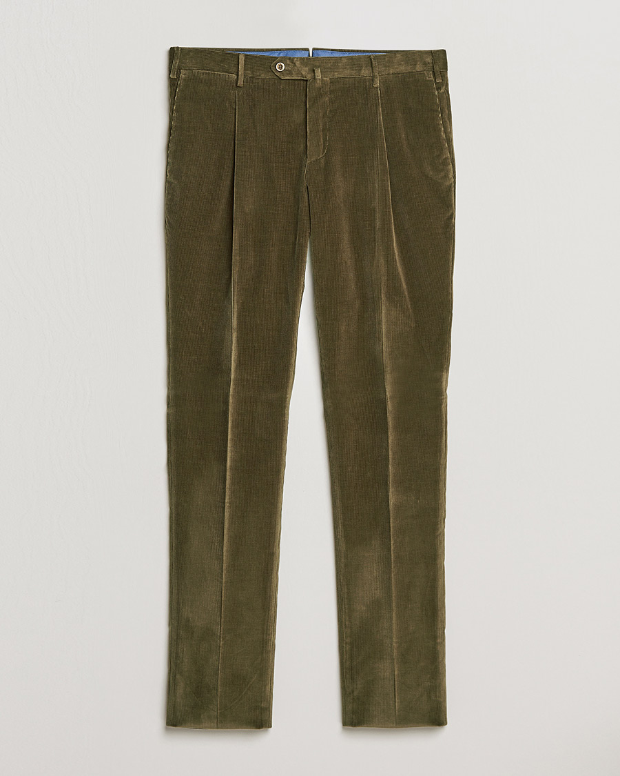 Homme | Pantalons | PT01 | Slim Fit Pleated Corduroy Trousers Forest Green
