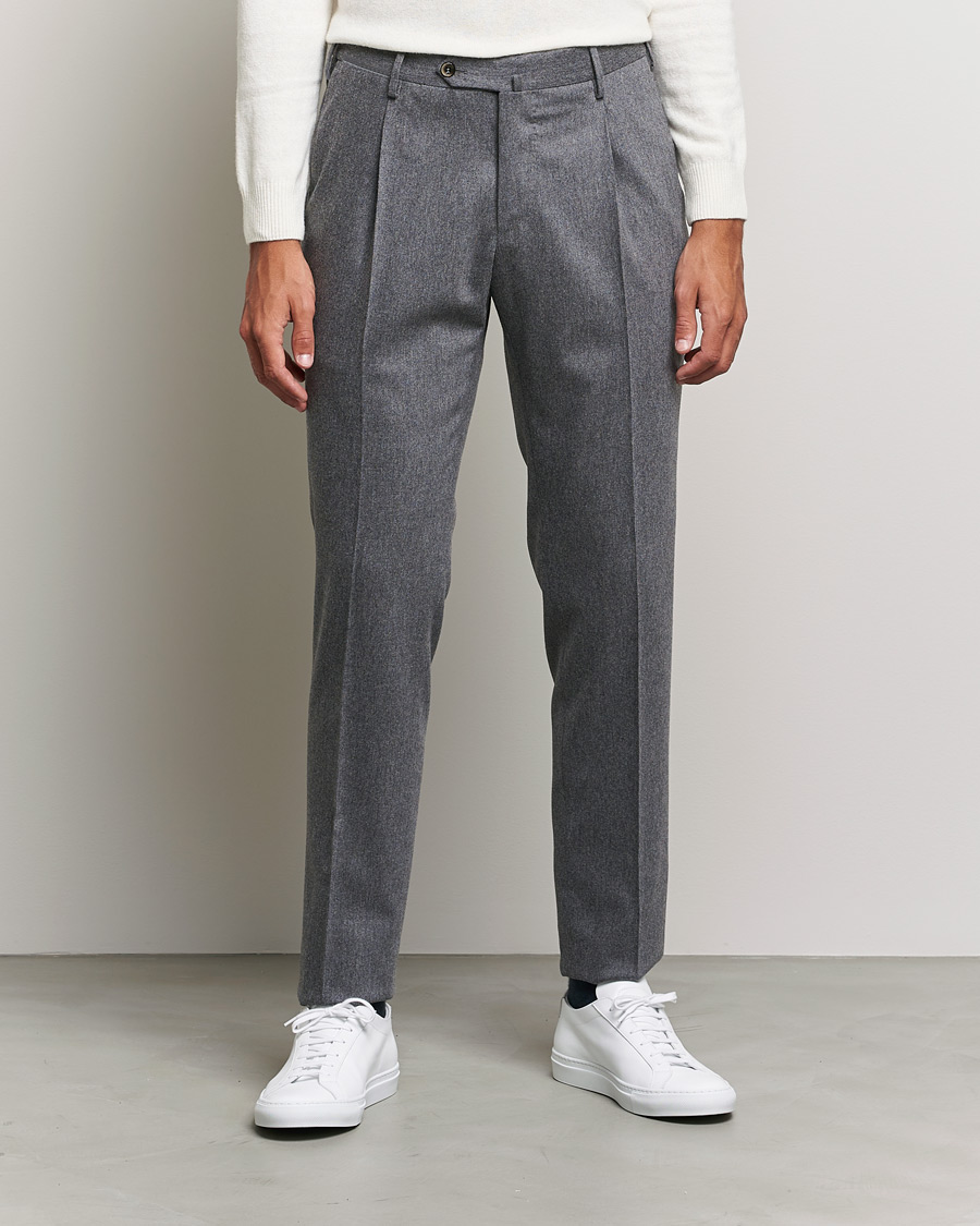 Homme | Pantalons | PT01 | Slim Fit Pleated Flannel Trousers Light Grey