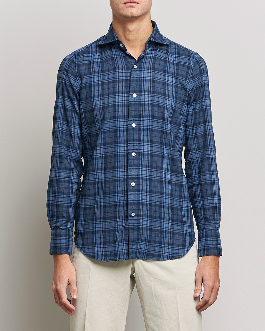 Homme | Chemises | Finamore Napoli | Tokyo Slim Light Flannel Shirt Navy Check