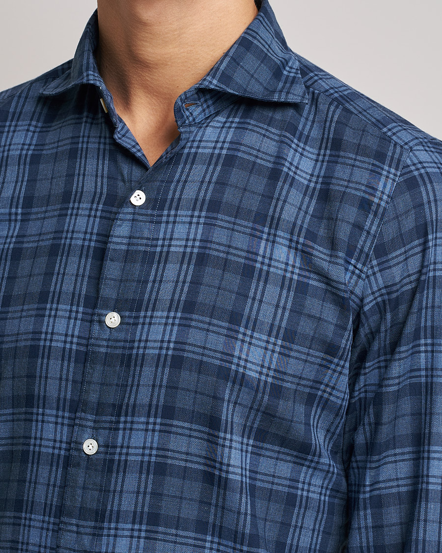 Homme | Chemises | Finamore Napoli | Tokyo Slim Light Flannel Shirt Navy Check
