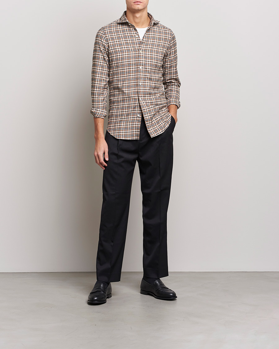 Homme | Chemises | Finamore Napoli | Tokyo Slim Light Flannel Shirt Brown Check