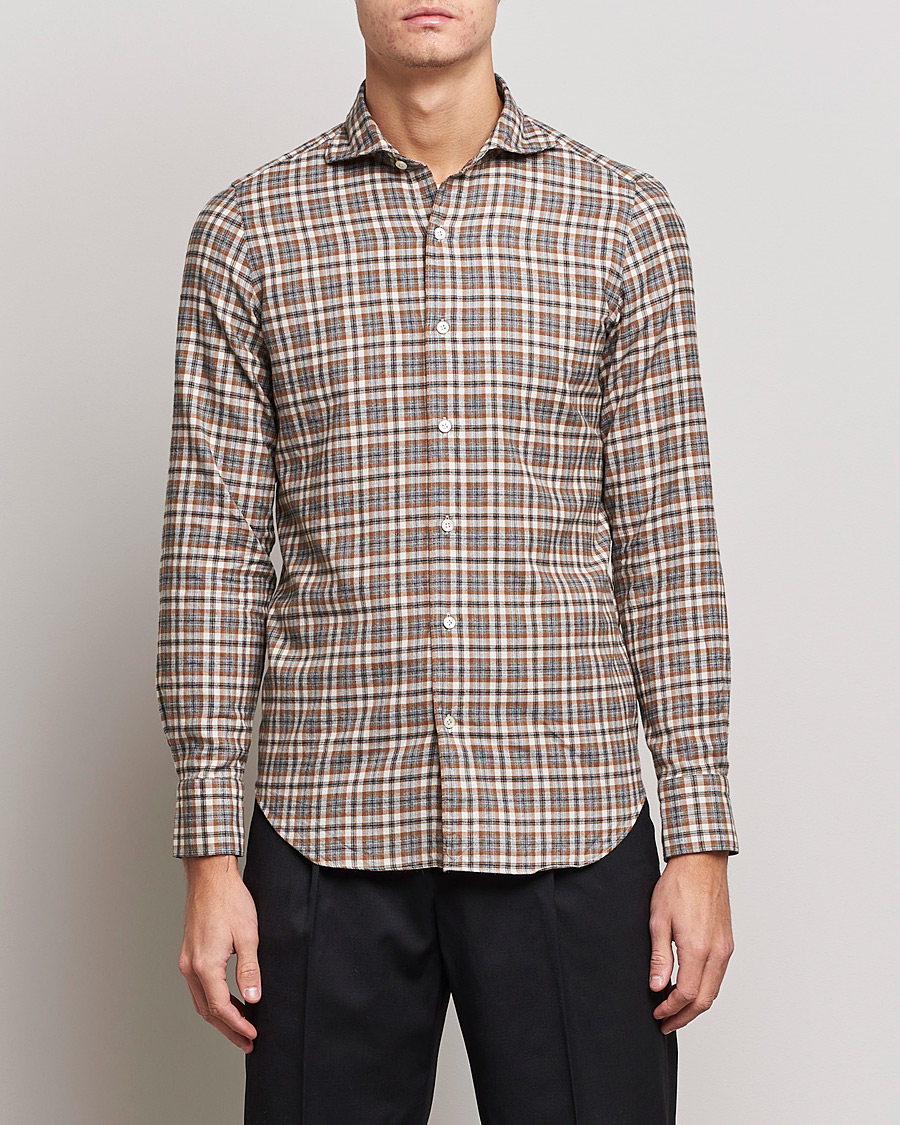 Homme | Chemises | Finamore Napoli | Tokyo Slim Light Flannel Shirt Brown Check