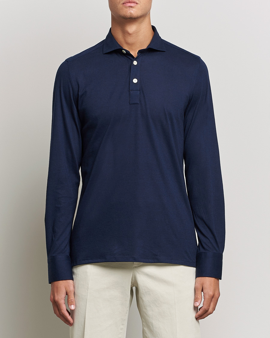 Homme | Pulls Et Tricots | Finamore Napoli | Orlando Cashmere Blend Long Sleeve Polo Navy