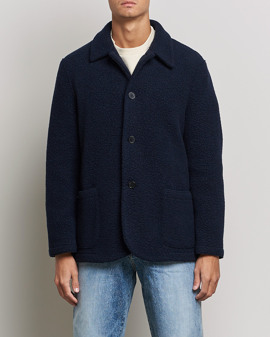 Homme | Chemises | Harris Wharf London | Harrington Wool Boucleè Shirt Jacket Navy