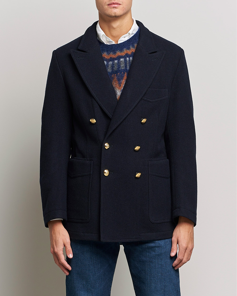Homme | Blazers | Drake's | MKIII Double Breasted Wool/Flannel Blazer Navy