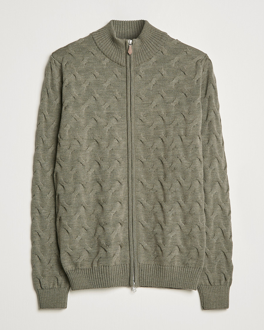 Homme | Pulls Et Tricots | Stenströms | Heavy Cable Merino Full Zip Cardigan Olive