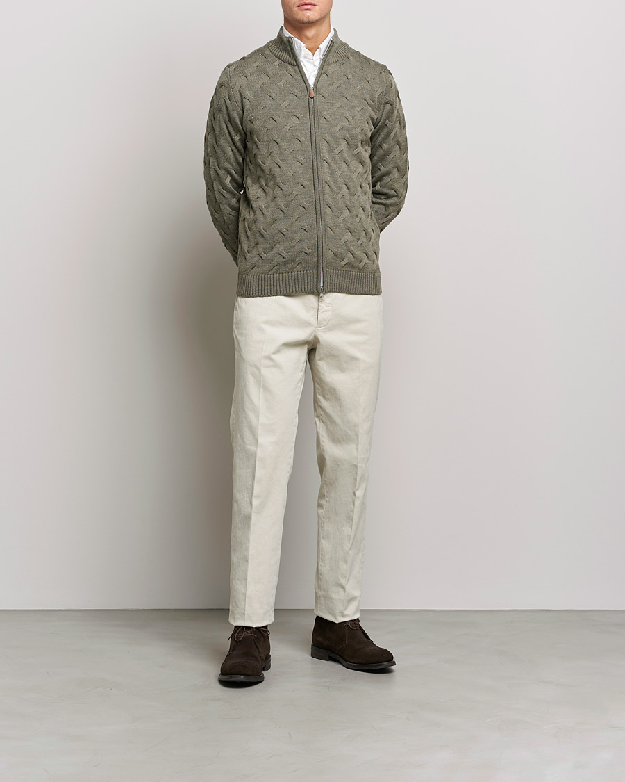 Homme | Pulls Et Tricots | Stenströms | Heavy Cable Merino Full Zip Cardigan Olive