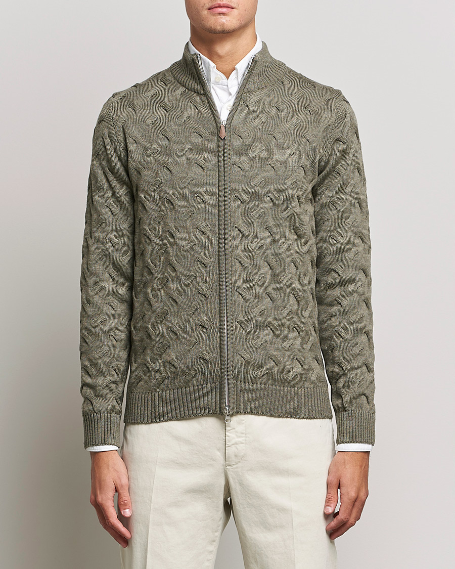 Homme | Pulls Et Tricots | Stenströms | Heavy Cable Merino Full Zip Cardigan Olive